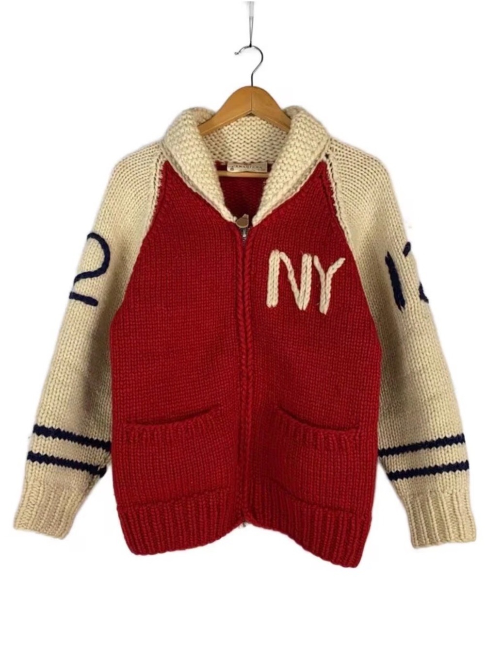 Vintage Red and Cream Zip-Up Shawl Collar Sweater with NY Chest
